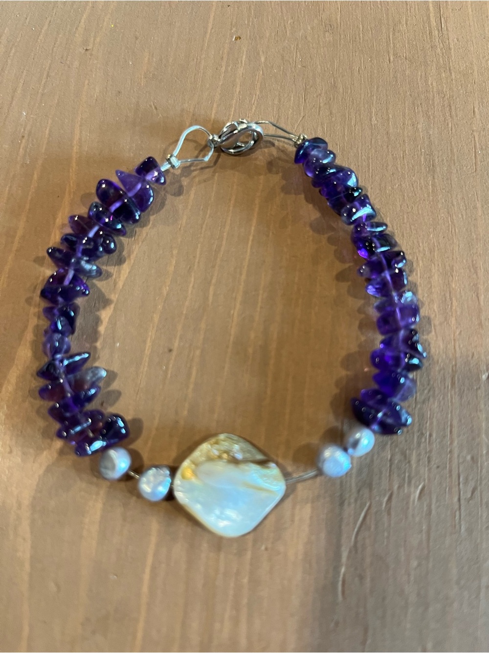 Genuine MOP amethyst bracelet handmade EUC see pics silver tone 8” beautiful